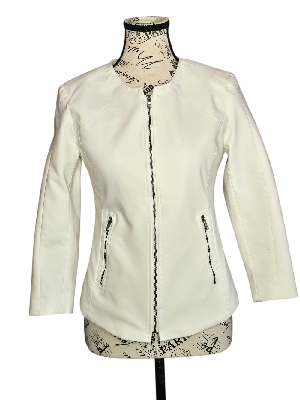 Harve Benard White Cotton-blend Zip-Front 3/4 Sleeve Jacket Blazer S Formal